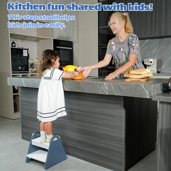 Toddler Step Stool for Kids Safe Wooden Two-Step Stool w/ Handles, Non-Slip,Blue - Picture 4 of 7